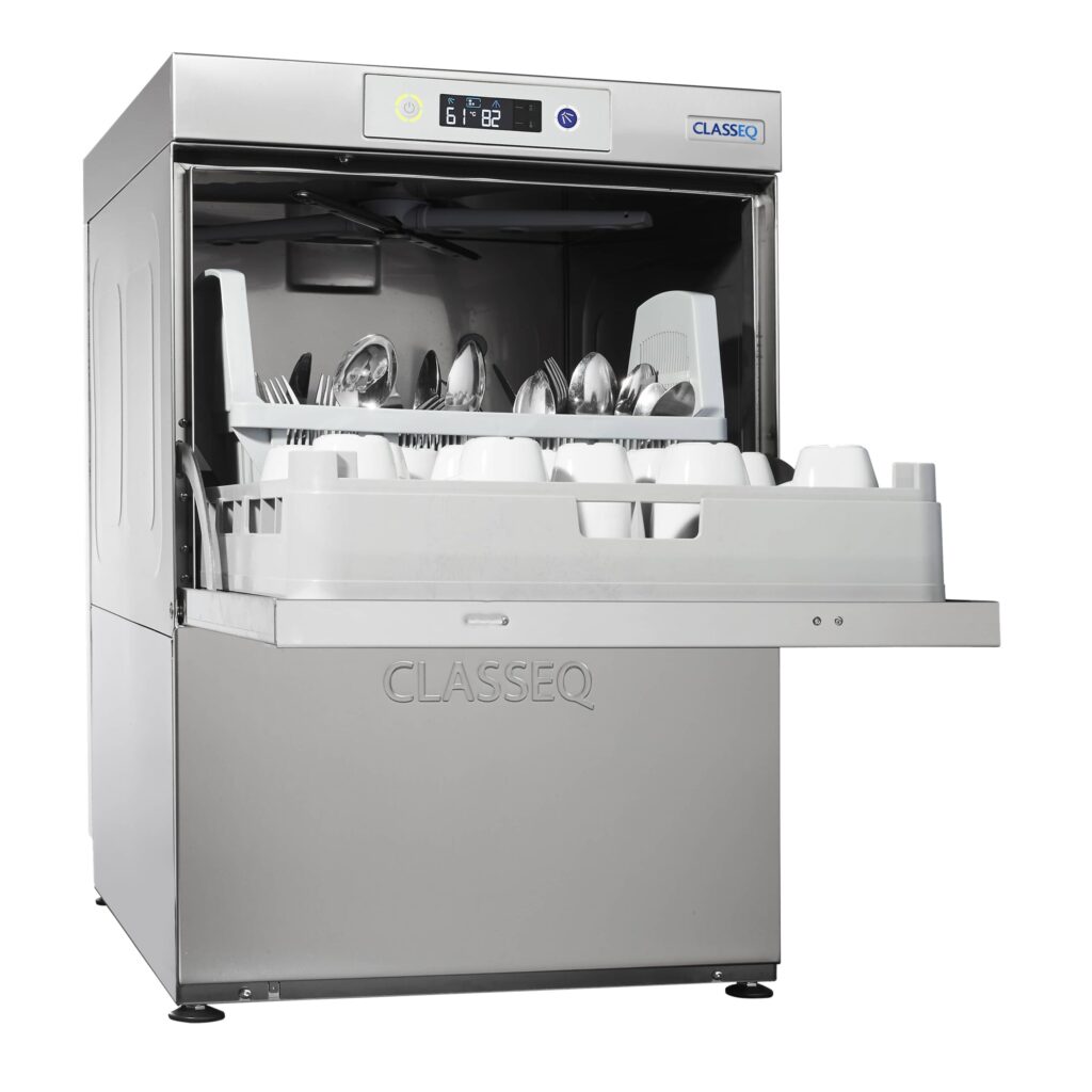 open glasswasher spoons and cups