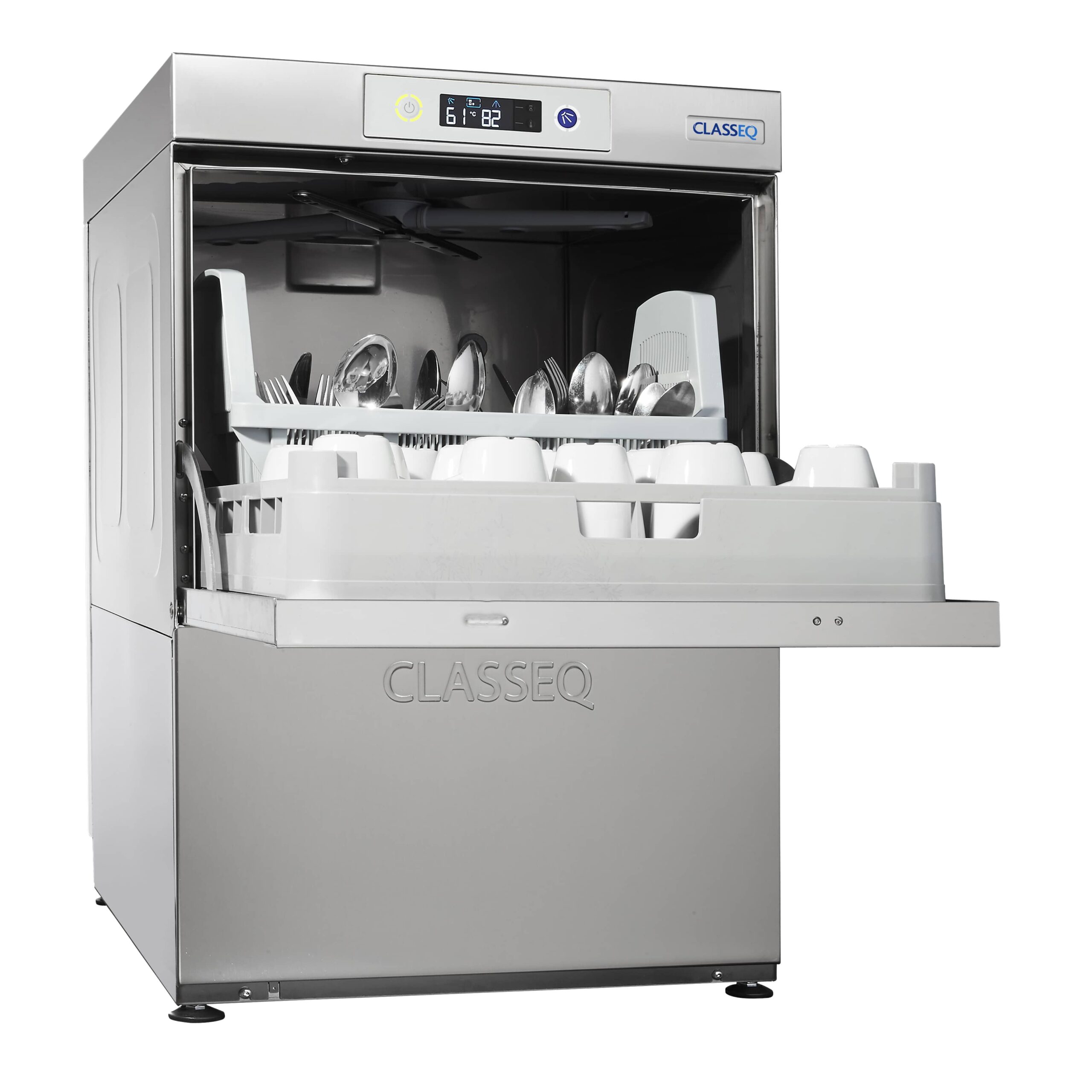 open glasswasher spoons and cups